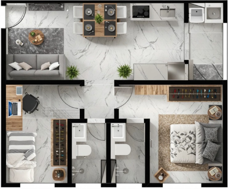 Planta do apartamento de 51,2 m² — 2 dormitórios, sendo 1 suíte, com varanda